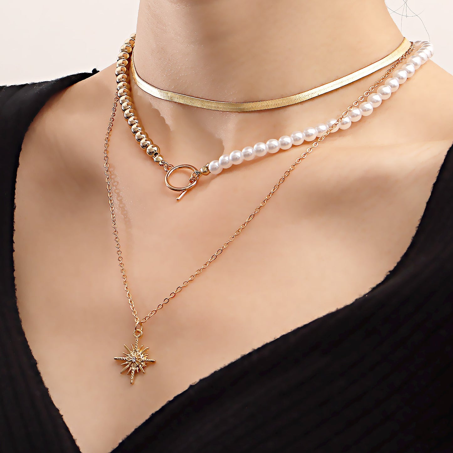 Vintage Geometric Hexagram Alloy Necklace with Plated Finish for Women, Flat Snake Chain Style with Pearl-Like Beads