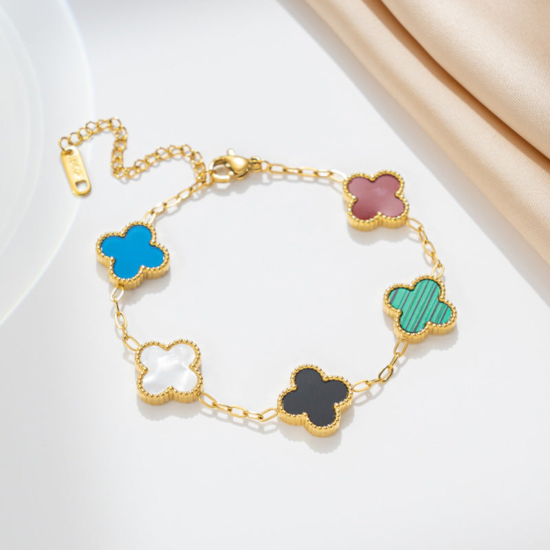 Luxury Geometric Four-Leaf Clover Bracelet 18K Gold Plated Titanium Steel Five-Color Double-Sided Women