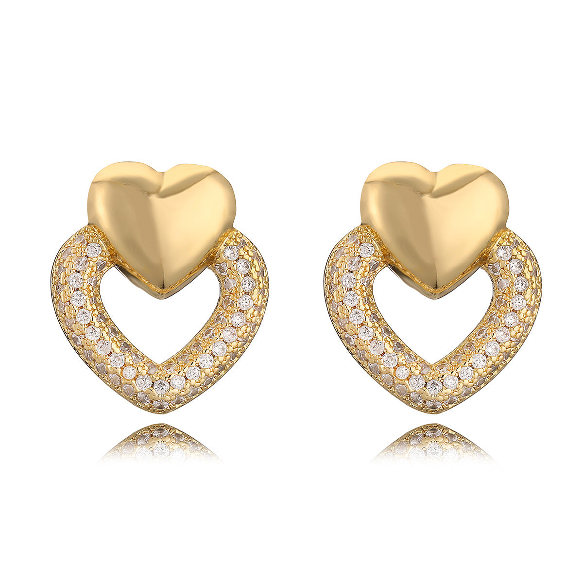 Minimalist Heart-Shaped Copper Earrings with Gold Plating and Zirconia Accents for Women