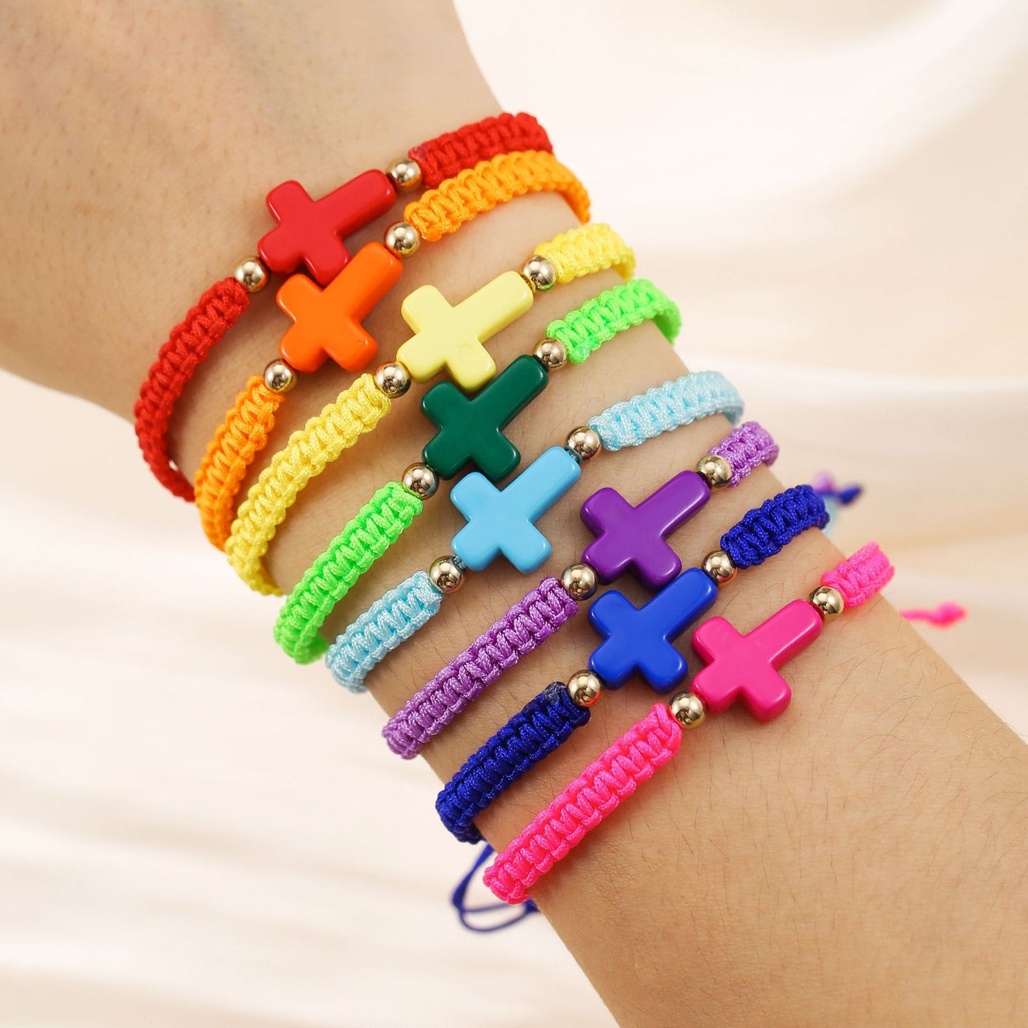 Bohemian Colorful Woven Rope Cross Bracelet Adjustable Acrylic Geometric Handmade Jewelry for Unisex