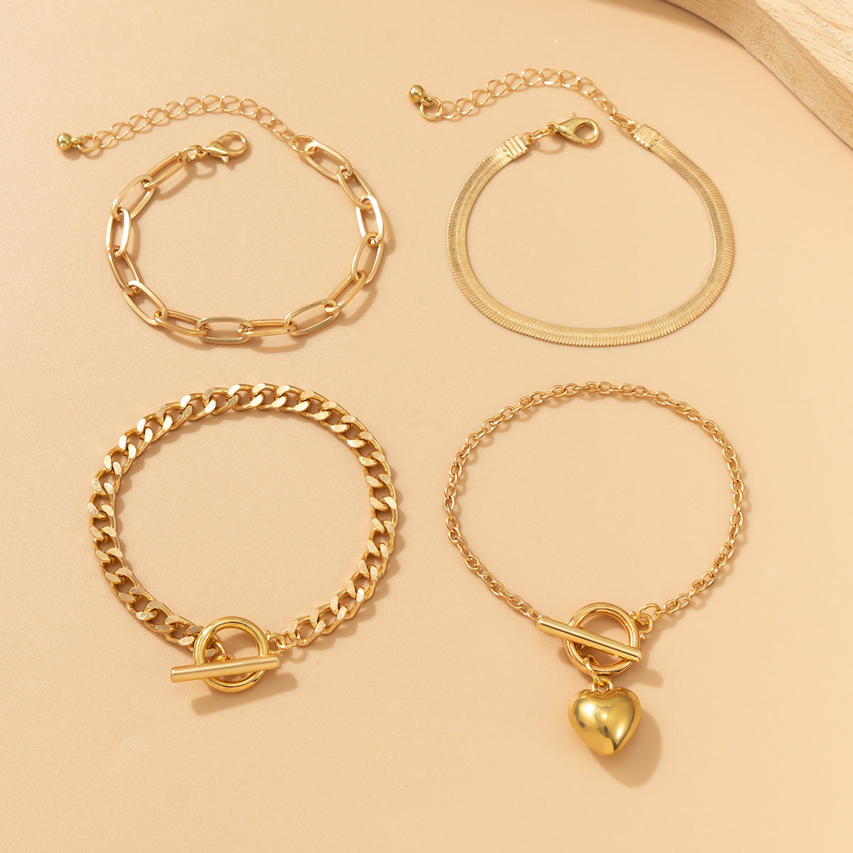 Punk Hip-hop Geometric Heart Alloy Plated Snake Chain Bracelet Set