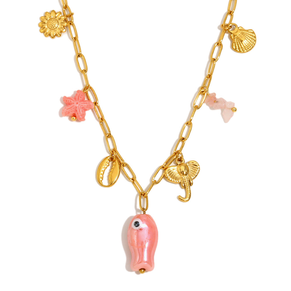 Fashion OL Pink Seashell Fish Pendant Necklace in Stainless Steel with 18K Gold Plating for Women