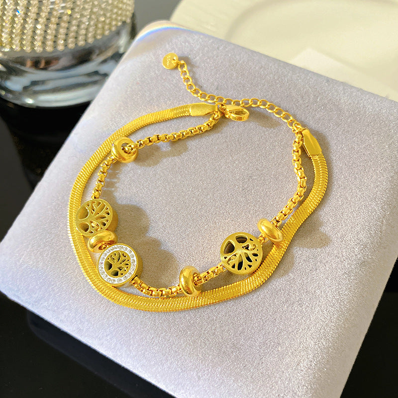 Minimalist Luxury Tree Leaf Plated Titanium Steel Box Chain Bracelet for Women