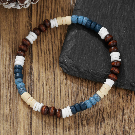 Bohemian Geometric Handmade Wood Coconut Shell and Shell Bead Bracelet for Unisex