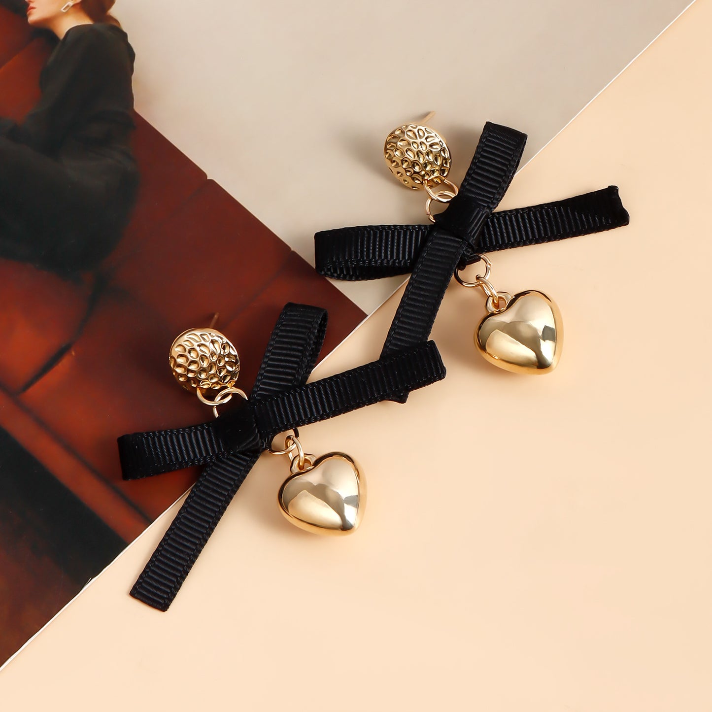 Elegant Bow and Heart-Shaped Pendant Earrings for Women with Electroplated Metal Finish