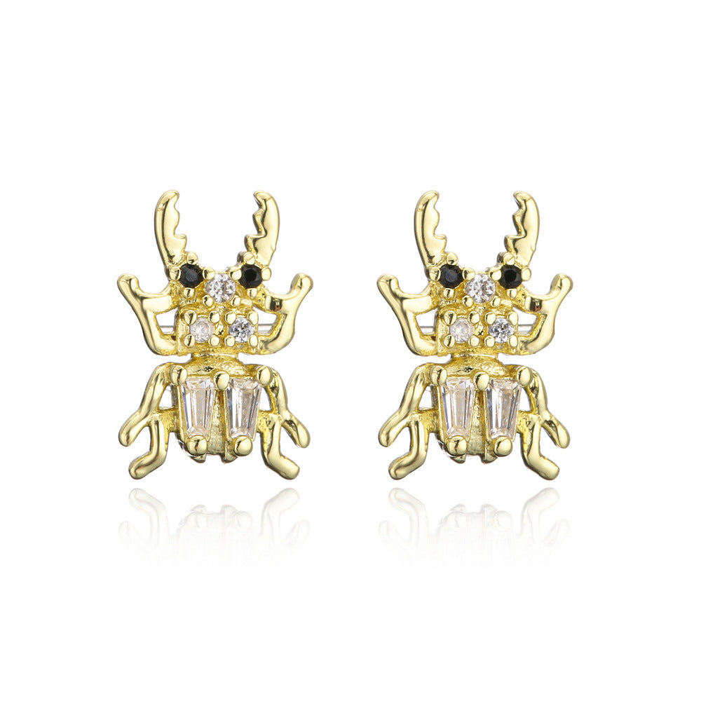 Geometric Insect Design Copper Earrings with Real Gold Plating and Zirconia Accents for Women