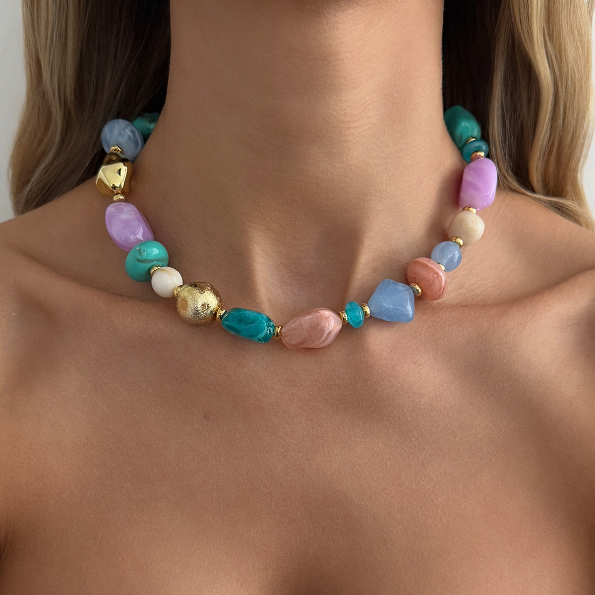 Vintage Geometric Oval Resin and Imitation Pearl Beaded Necklace for Women