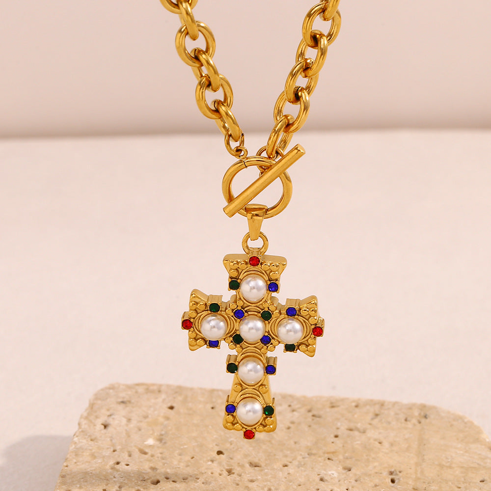 Collana con Pendente a Croce Minimalista Vintage da Donna in Acciaio Inossidabile Placcato Oro 18K