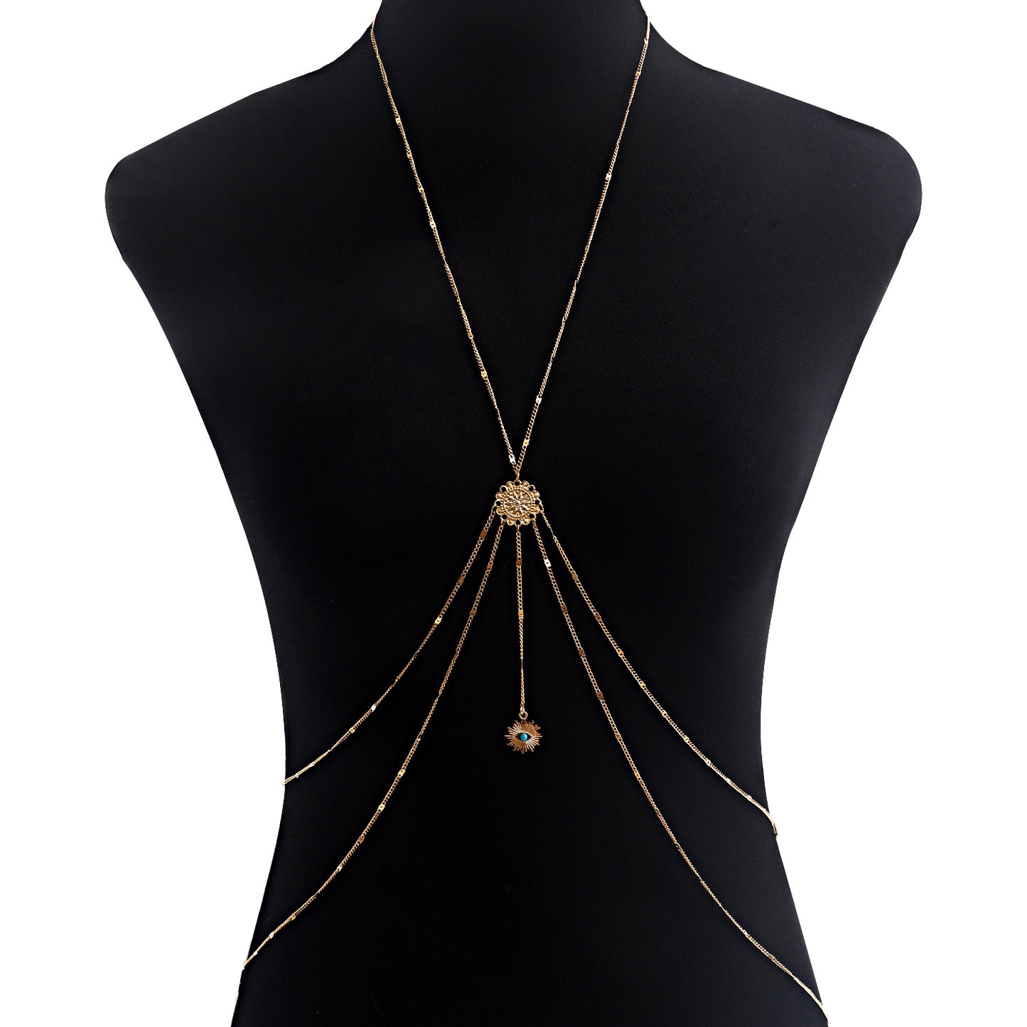 Sexy Body Chain for Women with Eye Pendant and Fringe Details, Alloy Plated Body Jewelry Set for Nightclub or Bikini Wear