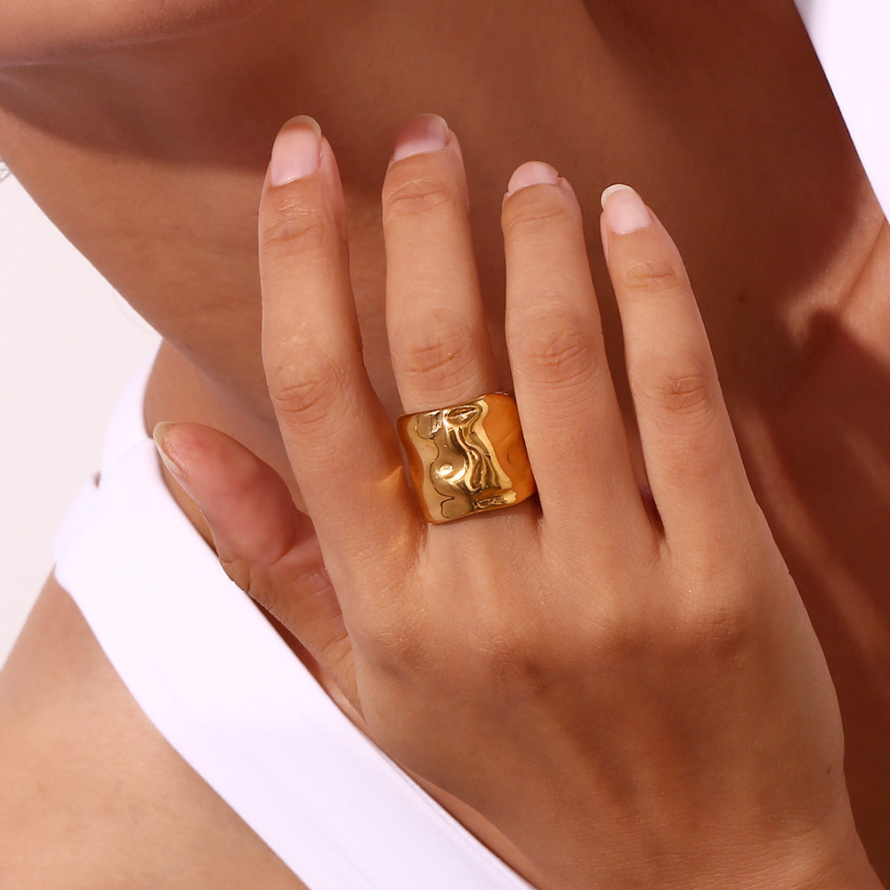 Minimalist Geometric Stainless Steel Plated 18K Gold Wave Texture Open Wide Band Ring for Women