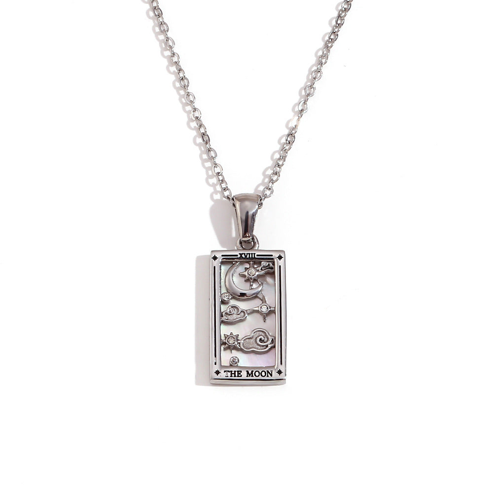 Vintage Tarot Card Pendant Necklace for Women Stainless Steel with 18K Gold Plating Geometric Four-Sided Design Fashion Office Style