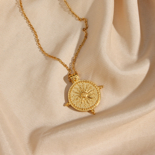 Vintage-Style Geometric Sun Compass Pendant Necklace in Stainless Steel with 18K Gold Plating for Women