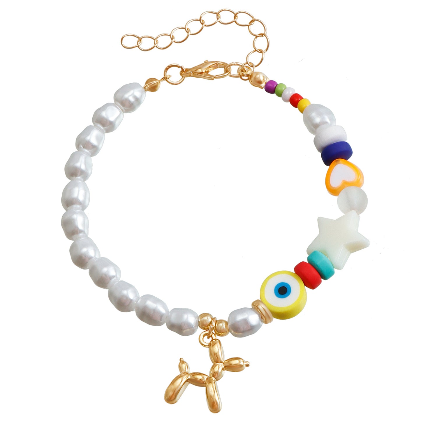 Ins Style Cute Balloon Dog Pendant Beaded Bracelet for Women with Plated Metal and Imitation Pearl Accents