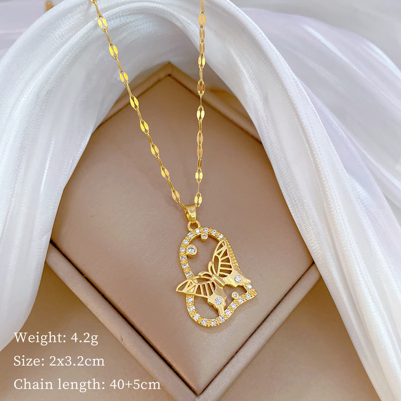 Luxury Minimalist Sweet Geometric Rhinestone Pendant Necklace for Women Titanium Steel O-Chain