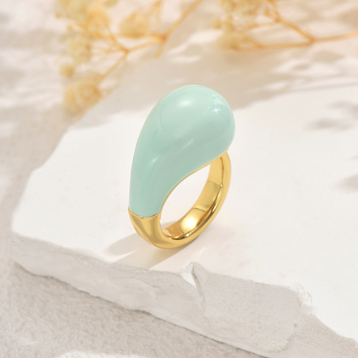 Anillo de cobre con diseño geométrico de gota de agua y acabado de esmalte para mujer, banda ajustable a la moda