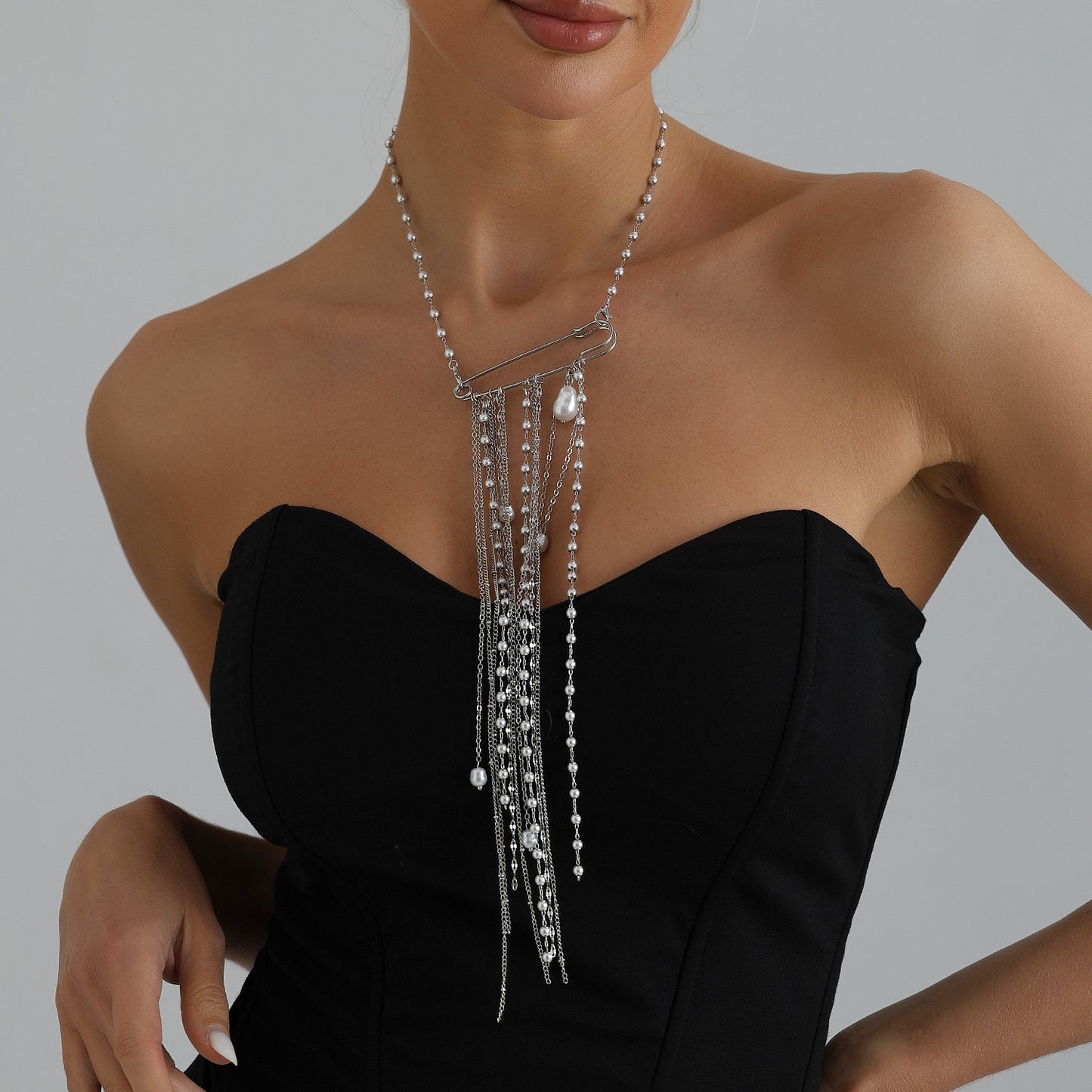 Casual Geometric Alloy Plated Necklace with Pearl Tassel for Women