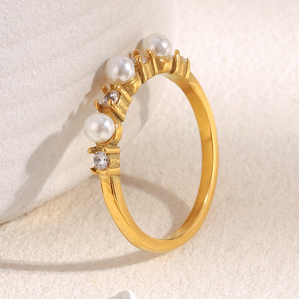 Minimalist Geometric Stainless Steel Plated 18K Gold Ring with Simulated Pearl and Zirconia for Women