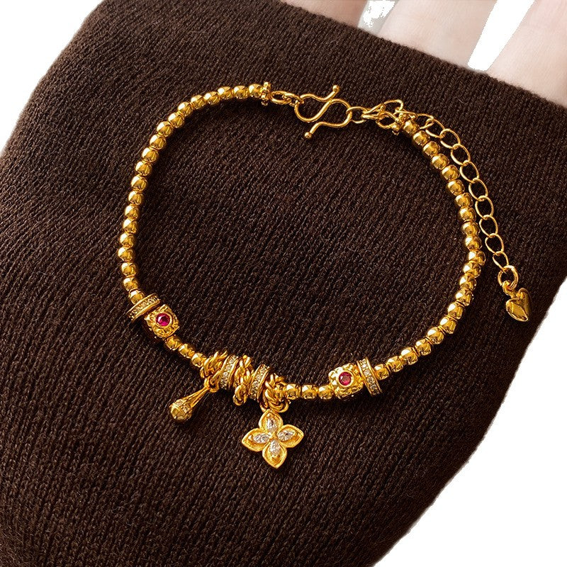 Elegante Bracciale Floreale Vintage Francese da Donna con Base in Rame Placcato Oro 24K e Intarsio di Zirconi, Gioielli Minimalisti di Lusso da Mano