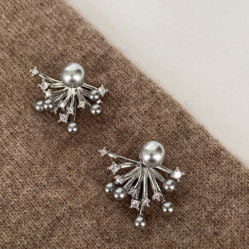 Pendientes de Perlas con Circonita Cúbica y Diseño de Fuegos Artificiales Estilo Vintage Francés Elegante para Mujer con Postes de Acero Inoxidable