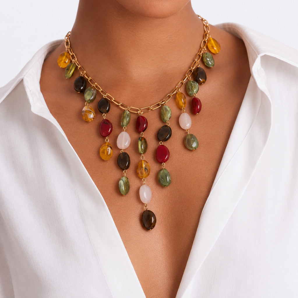 Bohemian Vintage Geometric Oval Resin Pendant Plated Alloy Necklace for Women