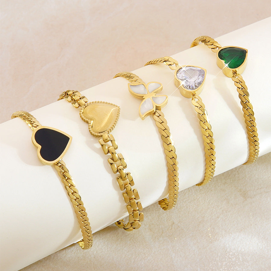 Bracciale a cuore di lusso in acciaio inossidabile con zirconia cubica placcata per donna