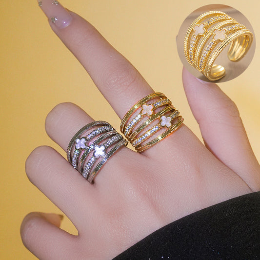 Luxury Minimalist Geometric Flower Ring for Women with Zircon Inlay in Gold-Plated Copper Adjustable Band