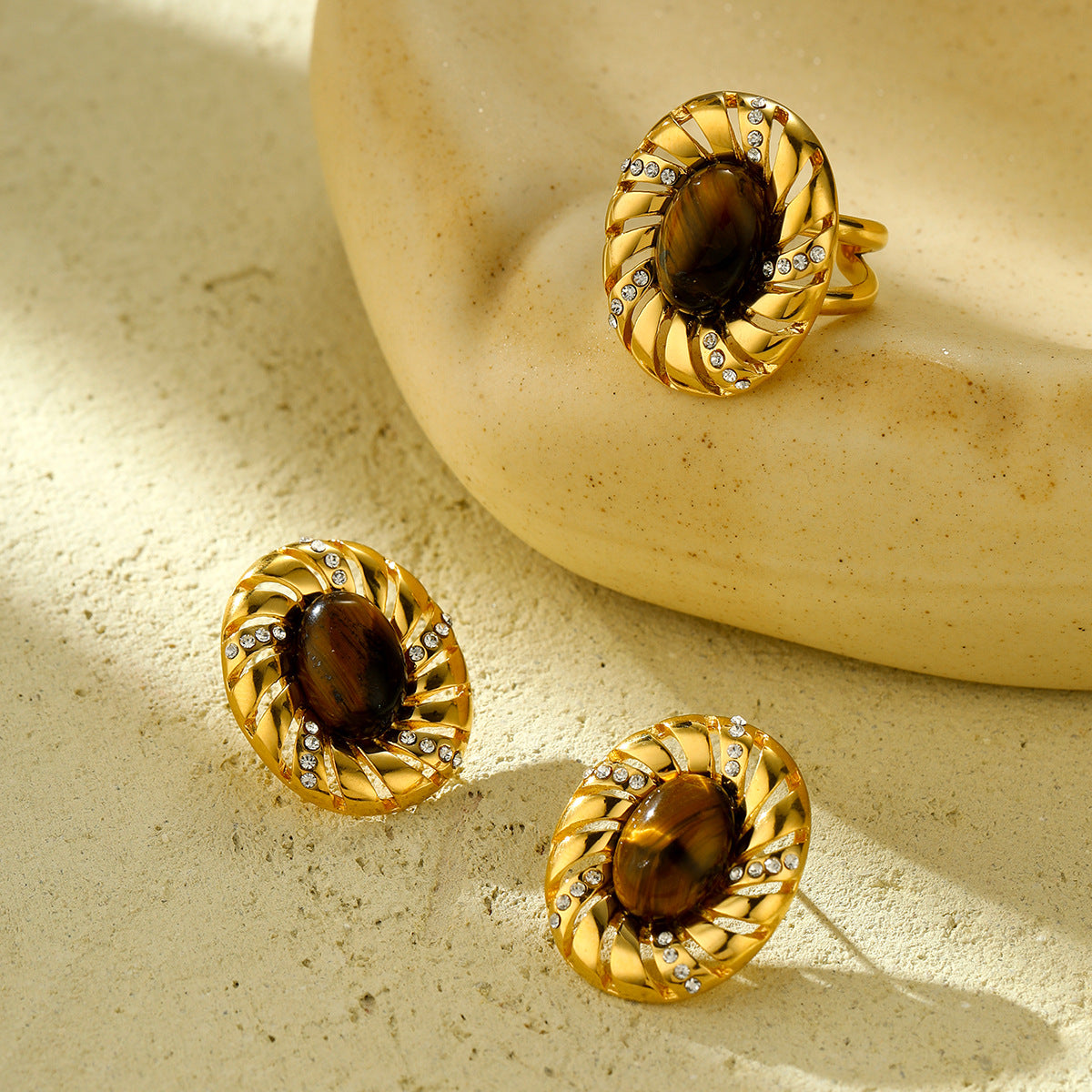 Fashionable Oval Tiger Eye Rhinestone-Set Titanium Steel Earrings for Women with Plated Finish and Geometric Design