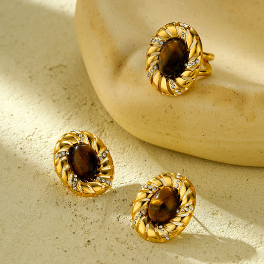 Fashionable Oval Tiger Eye Rhinestone-Set Titanium Steel Earrings for Women with Plated Finish and Geometric Design