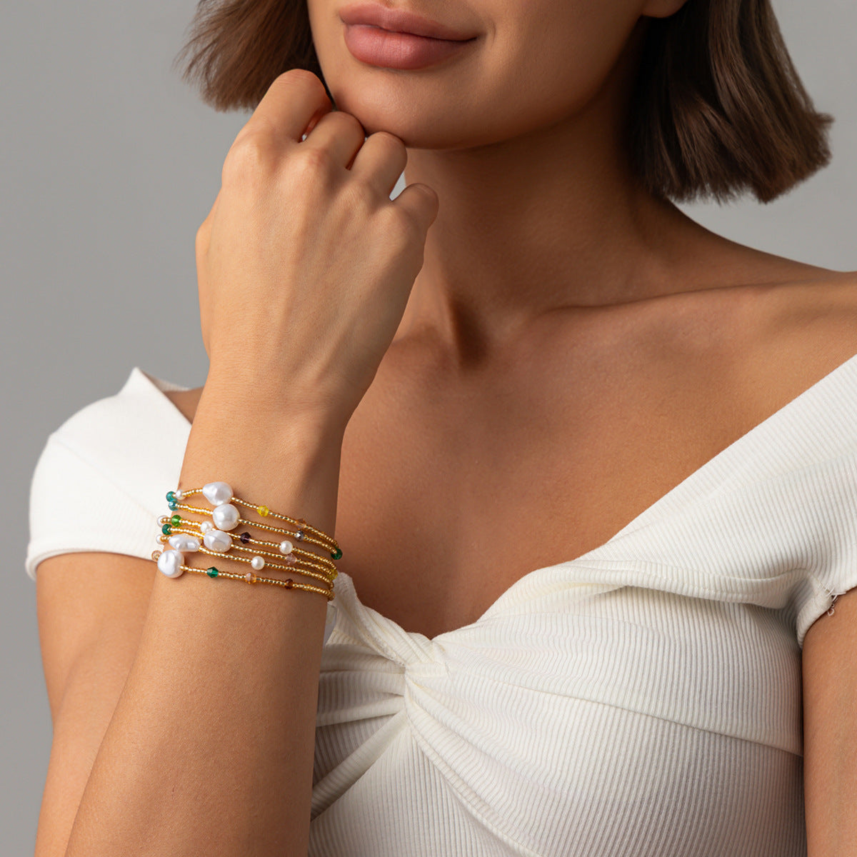 Geometric Round Imitation Pearl Crystal Plated Bracelet for Women Casual Elegant Stackable Jewelry