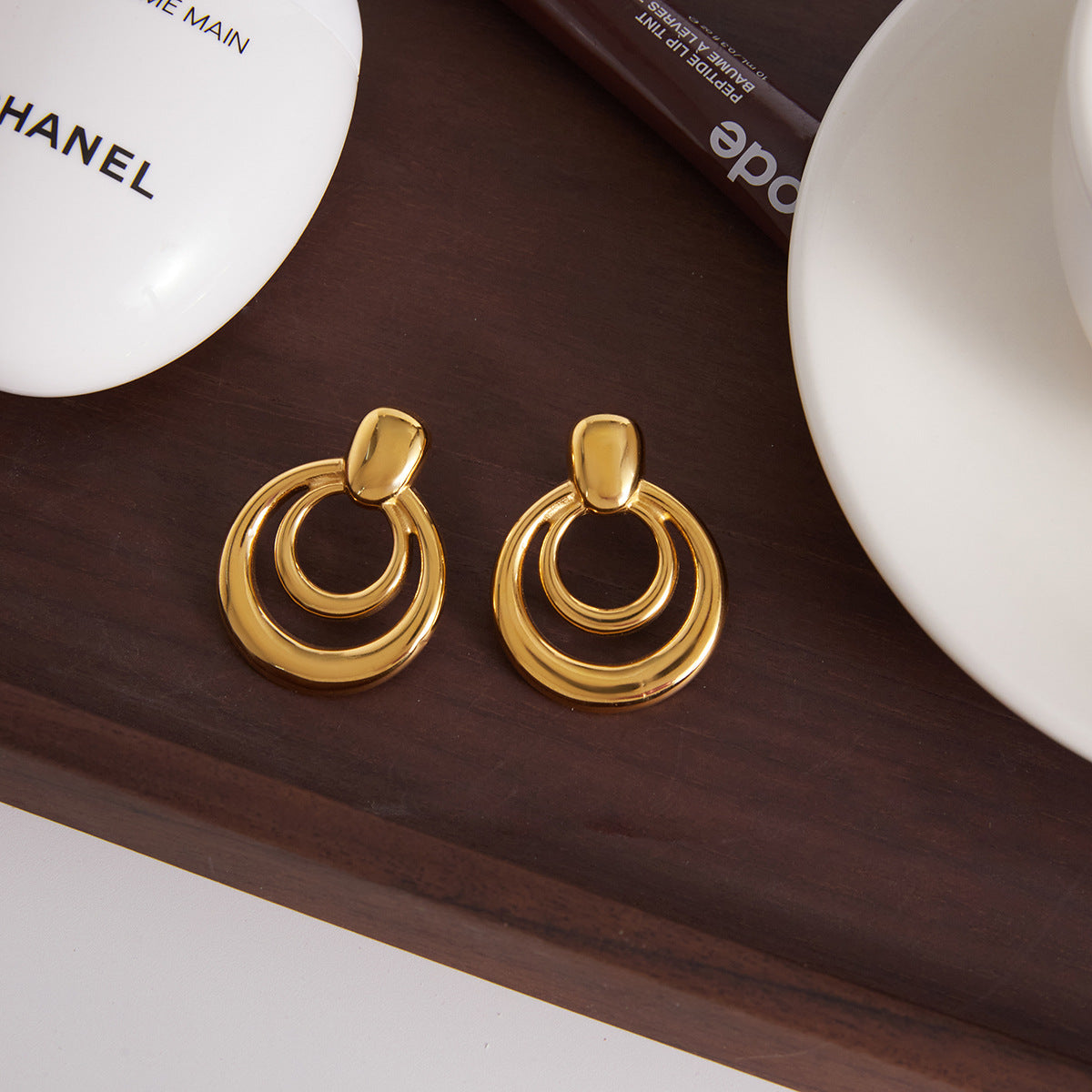 Pendientes de Doble Capa Huecos de Acero Inoxidable con Baño Geométrico, Elegantes y Minimalistas, para Mujer