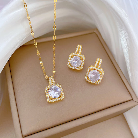 Conjunto de collar y pendientes de lujo con diamantes de imitación de acero de titanio geométrico para mujer