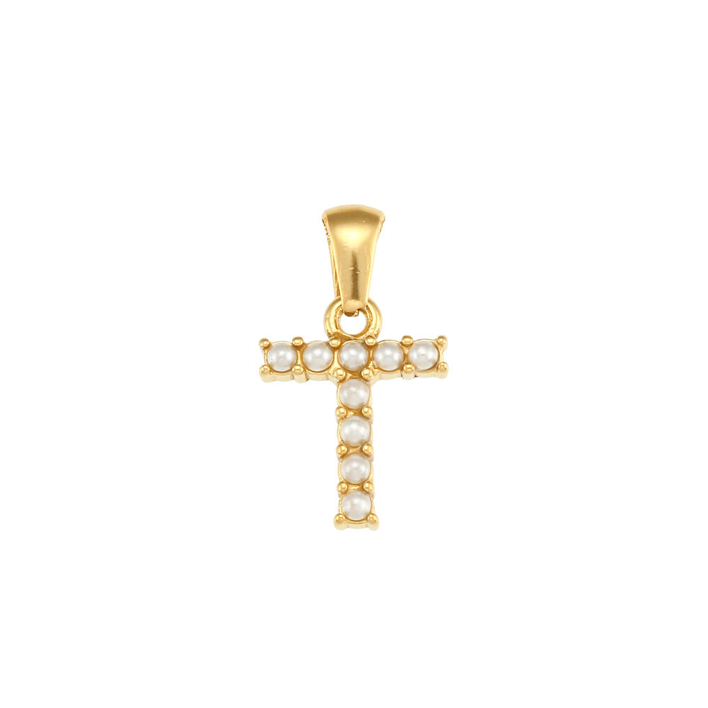 Minimalist Letter Pendant Necklace Stainless Steel with 18K Gold Plating Micro-Pave Zirconia and Pearl Accents