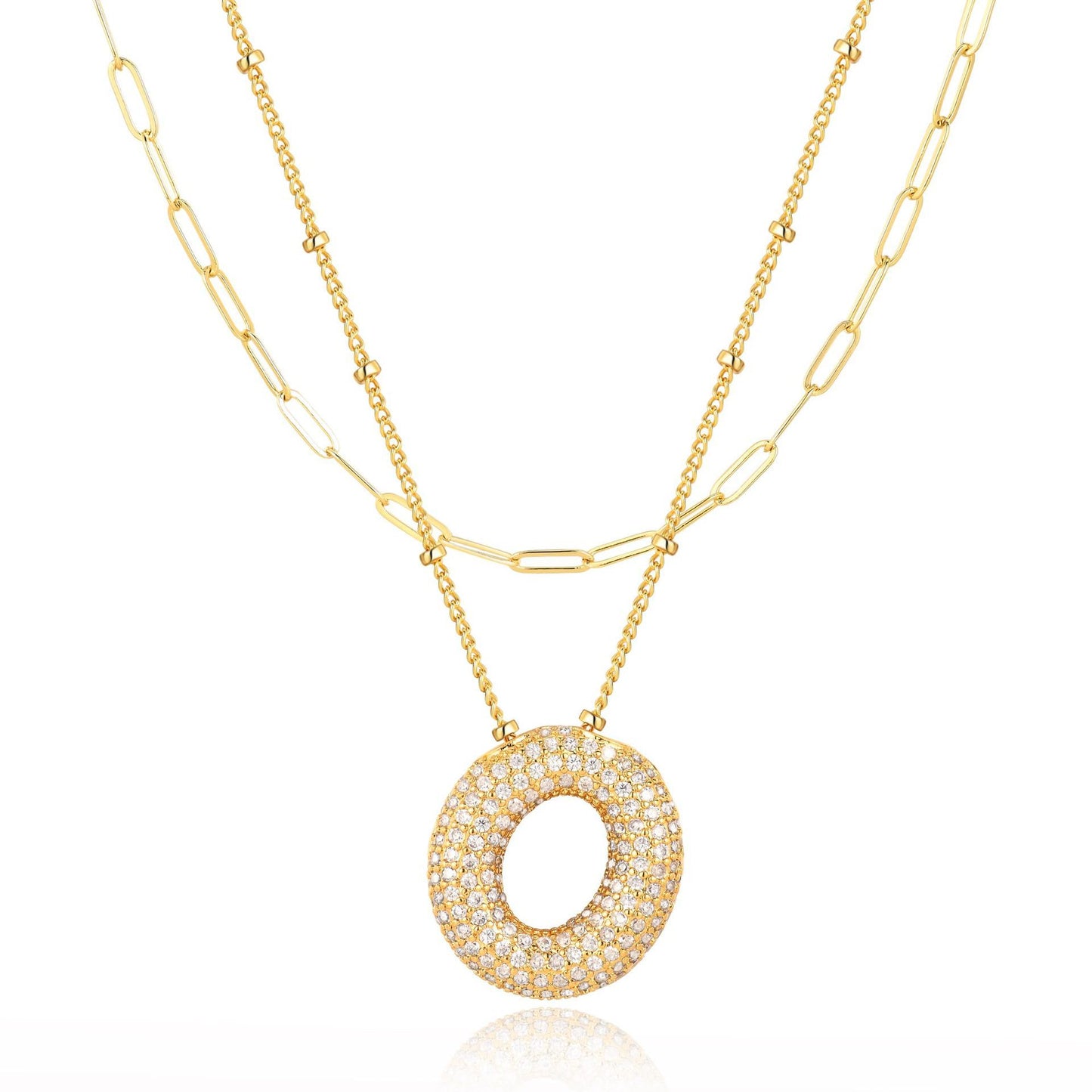 18K Gold Plated Brass Double Layer Letter Necklace Micro Pave Cubic Zirconia Serpentine Chain Women's Jewelry