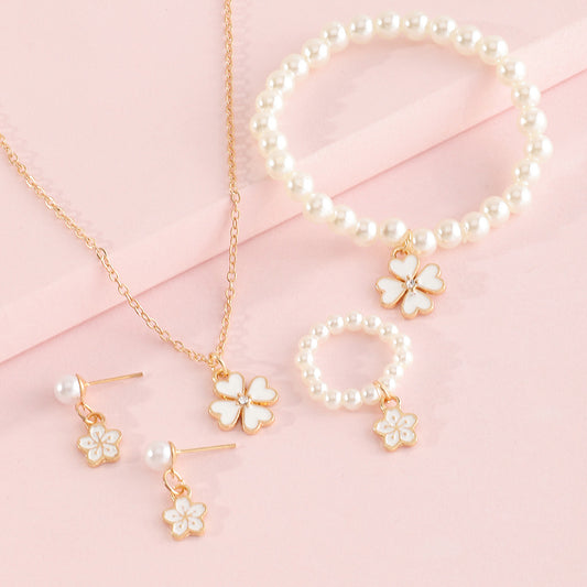 Children's Clover and Floral Pendant Necklace Set with Pearl Accents Alloy Snake Chain Bracelet Ring and Earrings
