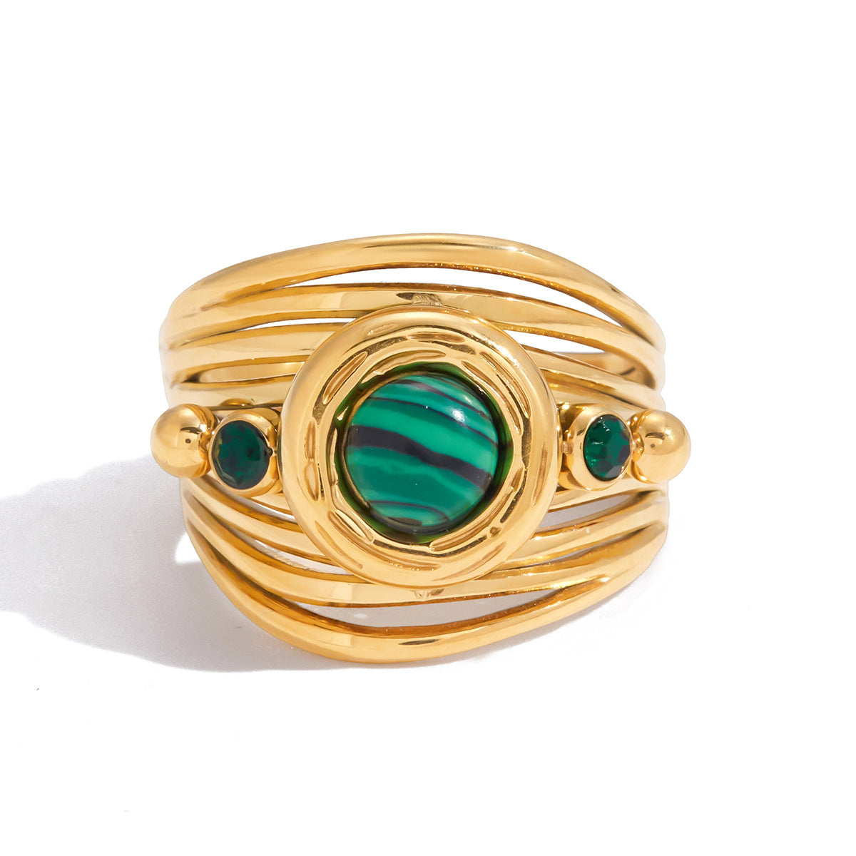 Anillo de Acero Inoxidable de Titanio Geométrico Chapado para Mujer con Acento de Malaquita, Accesorio de Moda Lujoso y Minimalista