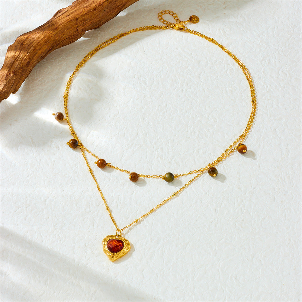 Vintage Heart Tiger's Eye Plated Stainless Steel Layered Necklace for Women