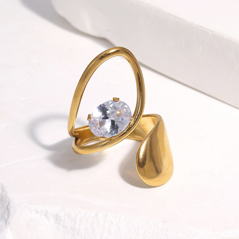 Minimalist Geometric Stainless Steel Gold Plated Ring with Cubic Zirconia for Women