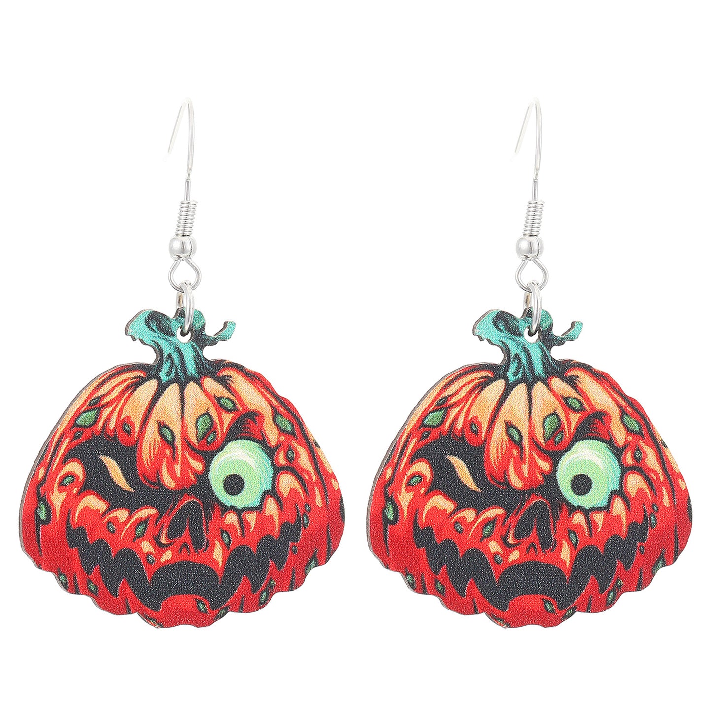 Orecchini in Legno Teschio Zucca Gotica di Halloween con Perno in Oro 14K, Forma Geometrica, Design Stampato