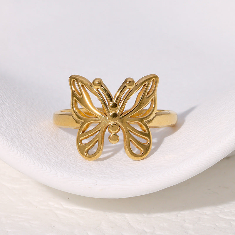 Anello Aperto Elegante a Forma di Farfalla per Donna in Acciaio Inossidabile con Placcatura in Oro 18K, Ipoallergenico e Resistente allo Sbiadimento