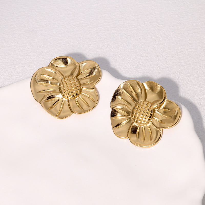 Fashion 18K Gold Plated Stainless Steel Floral Stud Earrings for Women