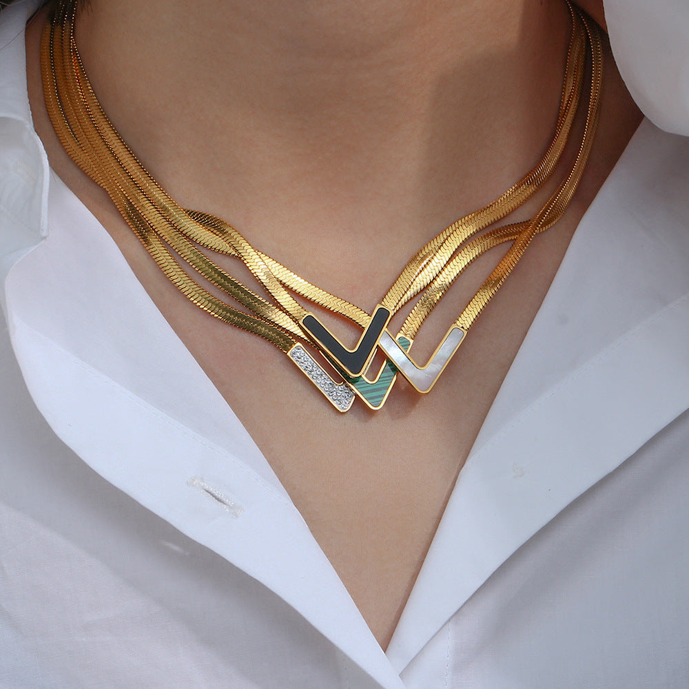 Fashionable Geometric V-Shaped Natural White Abalone Black Abalone Green Malachite Pendant Necklace for Women in Stainless Steel with 18K Gold Plating on Flat Snake Chain