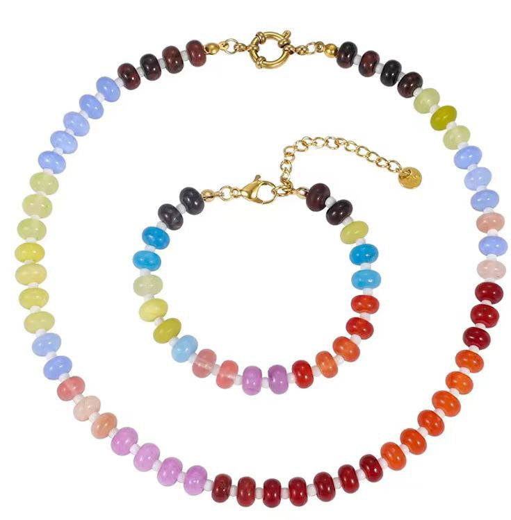 Colorful Abacus Bead Choker Necklace with 26 Bubble Letter Brass Pendants Serpentine Chain Unisex Stone Jewelry