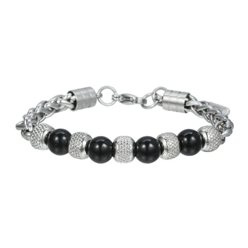 Men's Natural Tiger's Eye and Lapis Lazuli Beaded Bracelet Stainless Steel Geometric Round Stone Jewelry