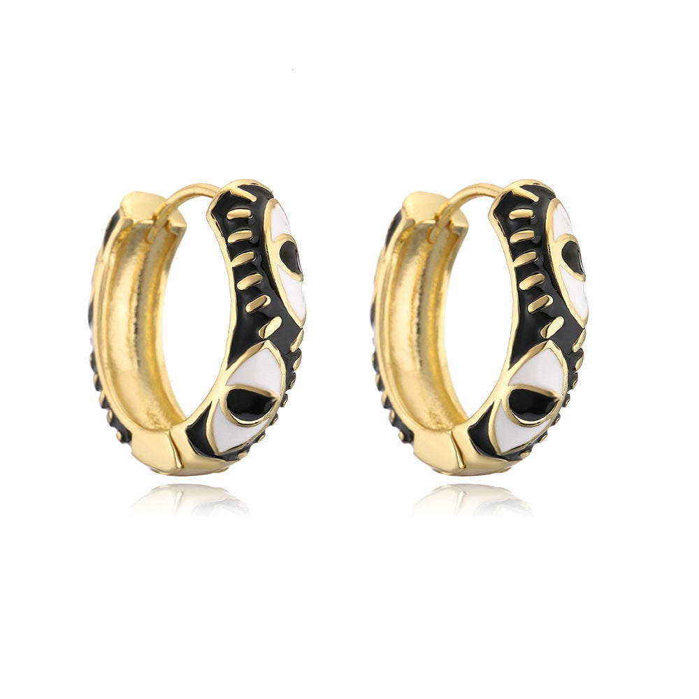 Bohemian Style Geometric Copper Hoop Earrings with 18K Gold Plating and Enamel Eye Detail for Women