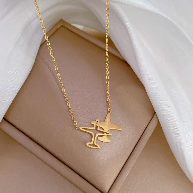 Minimalist Titanium Steel Geometric Airplane Pendant Necklace for Women and Men, Gold-Plated Clavicle Chain with Modern Office Style