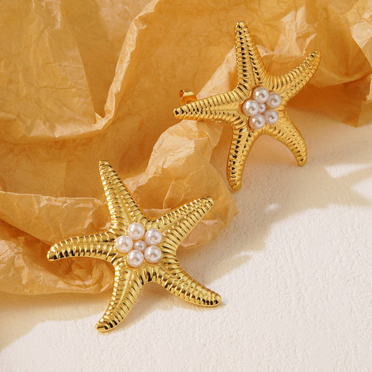 Pendientes de tuerca de lujo informales de acero inoxidable con perlas de estrella de mar para mujer