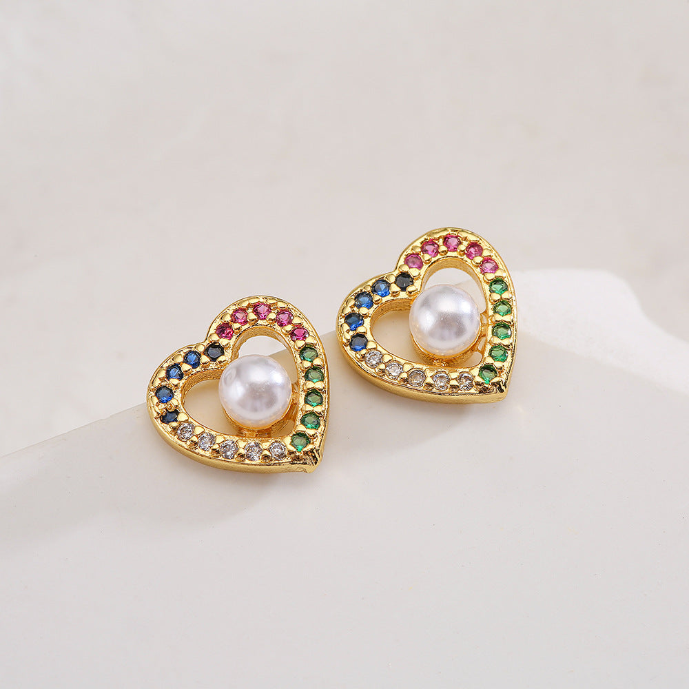 Minimalist Heart-Shaped Copper Earrings with 18K Gold Plating Micro-Pave Zirconia and Pearl Accents for Women