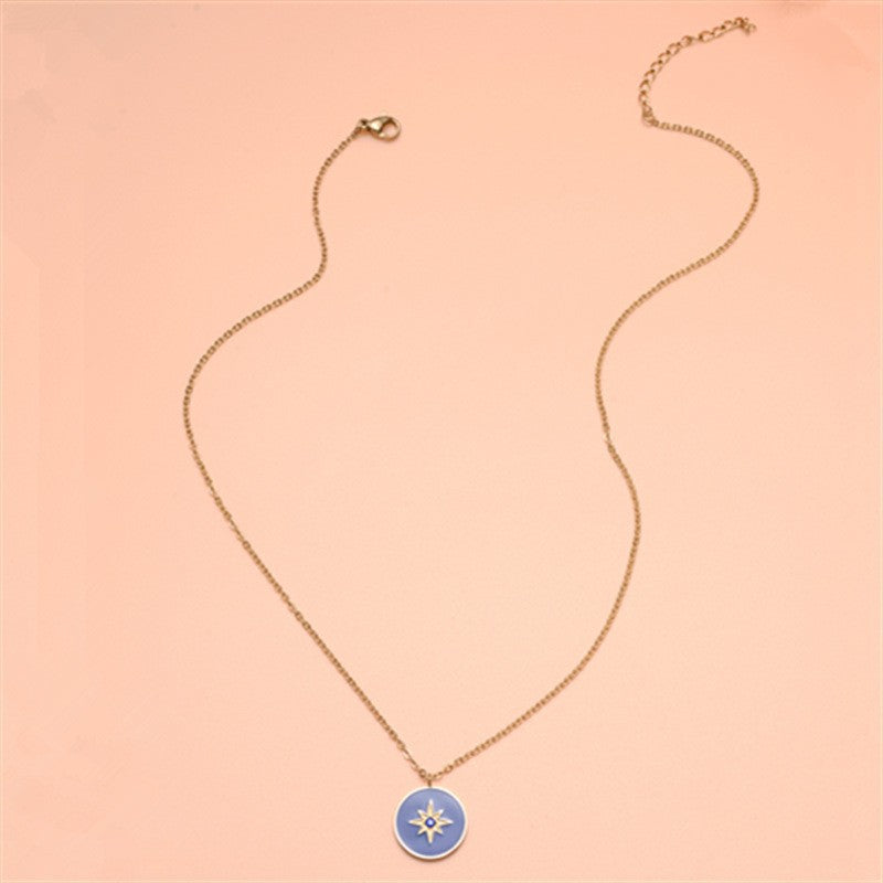 Minimalist Geometric Stainless Steel Sky Blue Eight-Pointed Star Rhinestone Pendant Necklace with Enamel Finish