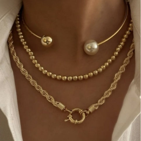 Geometric Round Imitation Pearl Plated Iron Multi-Layer Ball Chain Necklace for Women