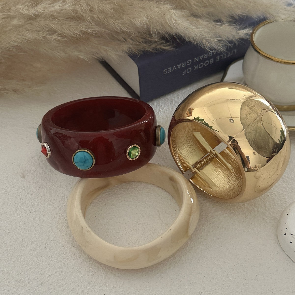 Vintage Wide Geometric Resin and Alloy Bracelet with Burgundy Gemstone Accents